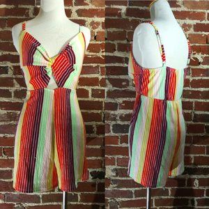 WILD FABLE candy-colored striped retro romper / jumpsuit w twist front + cut out